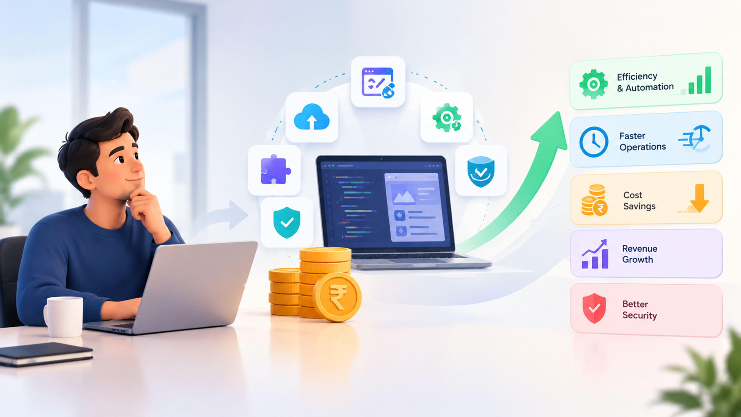 Business owner reviewing custom software benefits: efficiency, faster operations, cost savings, revenue growth and securit