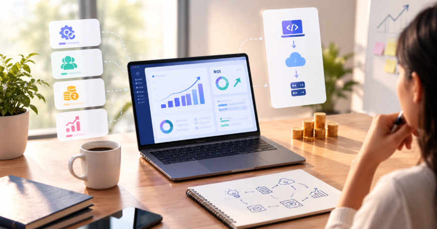 Laptop showing a software ROI dashboard with growth charts, beside stacks of coins and software development icons