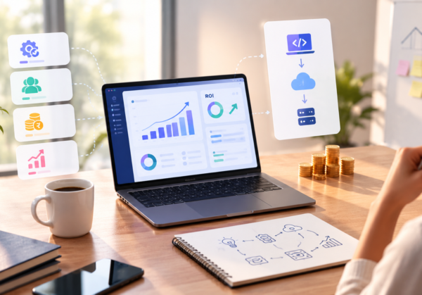 Laptop showing a software ROI dashboard with growth charts, beside stacks of coins and software development icons